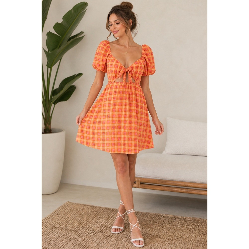 H&M Orange Pink Plaid Puff Sleeve Dress Tie Front Cutout Womens M